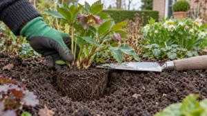 Juiste plantdiepte van een jonge vaste plant wordt aan het bodemniveau gecontroleerd