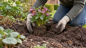 Tuinier vult een plantgat rond een vaste plant terug met losse tuingrond