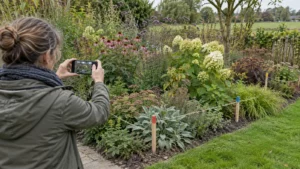 Plantgroepen in een border zijn met gekleurde stokjes en touw gemarkeerd