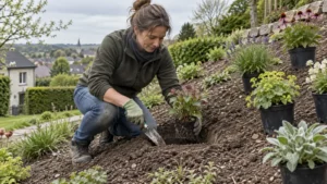 Tuinier maakt een vlak plantplateau voor een vaste plant op een helling