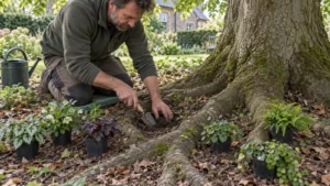 Tuinier zoekt met een smalle plantschep een plantplek tussen boomwortels”.