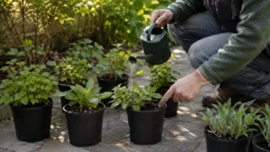 Tuinier controleert de potgrond en geeft jonge vaste planten gericht water.
