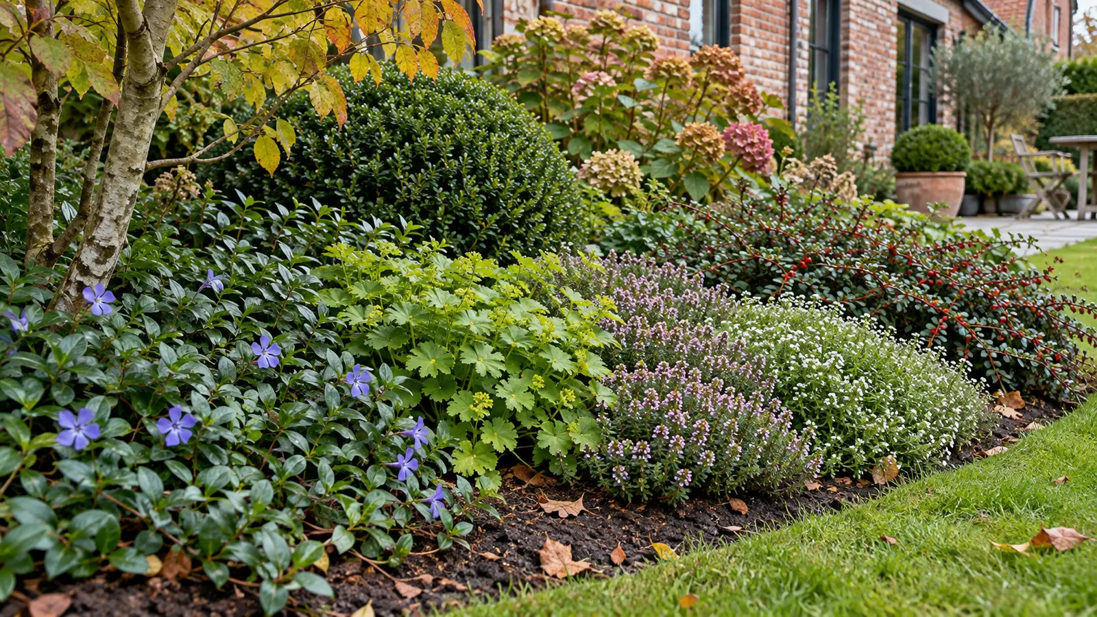 Volwassen bodembedekkende border in een Belgische tuin met natuurlijke tuingrond.