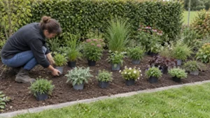 Tuinier zet jonge vaste planten in pot uit volgens een gespiegeld plantplan