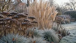 Siergraspluimen en uitgebloeide Sedum in een winterse border