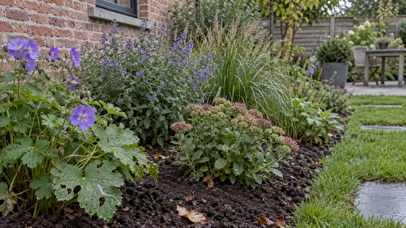 Jonge vasteplantenborder met lichte rafelige vraatschade aan bladeren