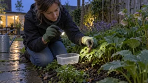 Tuinier controleert in de avond met een zaklamp op slakken