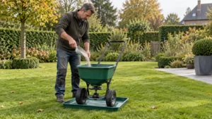 Gazonstrooier wordt boven een ruime opvangbak gevuld op het gras