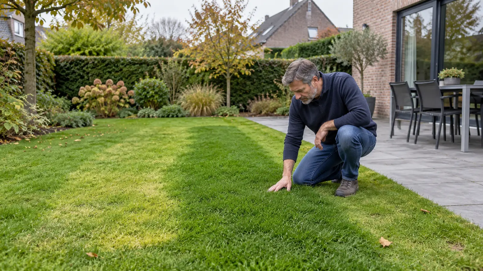 Huiseigenaar controleert kleurverschil na te veel gazonmest strooien