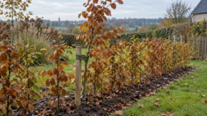 Topzware jonge haagplant met een tijdelijke houten steun en zachte boomband