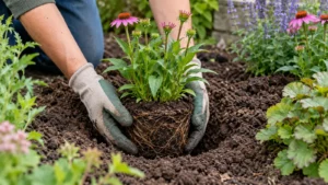 Tuinier zet een losgewoelde vaste plant op de juiste diepte terug