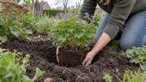 Intacte wortelkluit wordt voorzichtig op de juiste hoogte teruggezet
