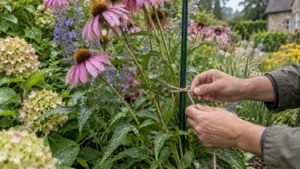 Intacte vaste planten los opbinden aan een groene steun met zacht touw.