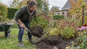 Tuinier tilt een vaste plant met intacte wortelkluit naar een voorbereid plantgat