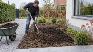 Verdichte ondergrond losmaken en compost door de bovenlaag werken