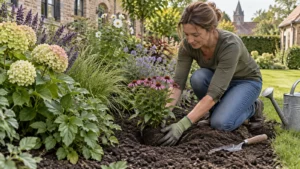 Tuinier plant een vervangende vaste plant in een open plek in de border