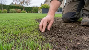 Tuinier controleert voorzichtig het vocht aan de rand van een kale plek in jong gras