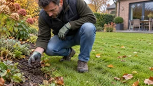 Tuinier controleert met hand en schoen of een gazon te nat is voor korrelkalk