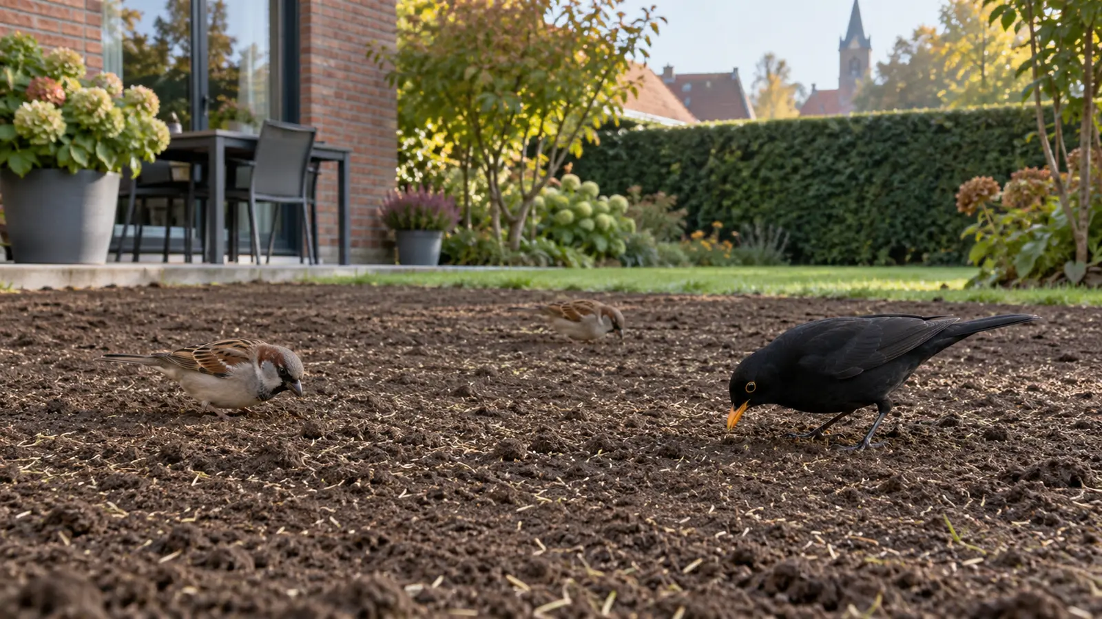 Mussen en een merel zoeken voedsel op een pas ingezaaid gazon in een Belgische tuin