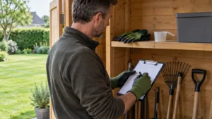 Tuineigenaar noteert gazonvoorraad in een droog tuinhuis