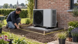 Tuinier meet de vrije plant- en servicezone rond een warmtepomp buitenunit