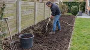 Wortelgaten vullen en de grond van een voormalige haagstrook egaliseren