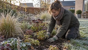 Tuinier controleert en drukt een wortelkluit aan na lichte vorst