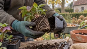 Tuinier controleert de stevige wortelkluit en kroon van een geleverde vaste plant