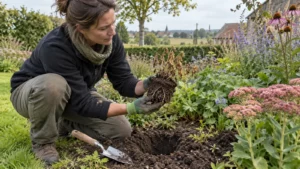Tuinier controleert de wortelkluit van een uitgevallen vaste plant