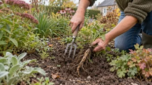 Ondersteun de grond rond de plant en trek het onkruid bij de basis uit.