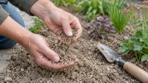 Tuinier controleert korrelige zandgrond met de hand