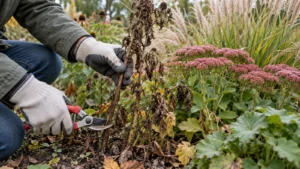 Tuinier knipt alleen zacht en aangetast materiaal uit een herfstborder