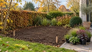 Schoon en vlak plantvak naast een volwassen border, klaar voor controle en aanplant