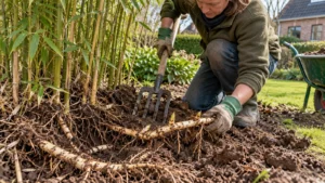 : Tuinier haalt een lange bamboewortelstok zorgvuldig uit losse grond