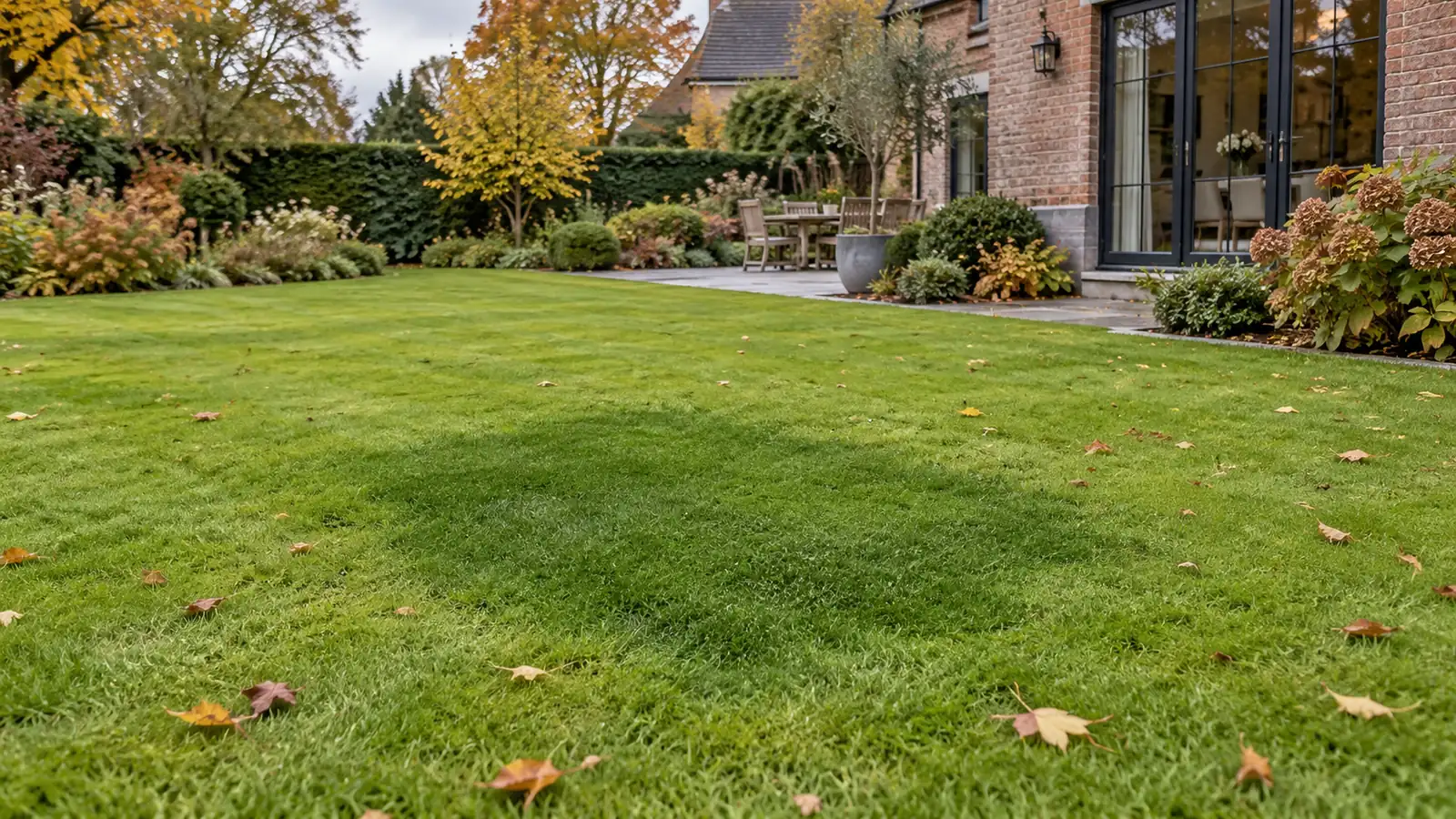 Belgisch gazon met een subtiel donkerder groene bijgezaaide herstelplek