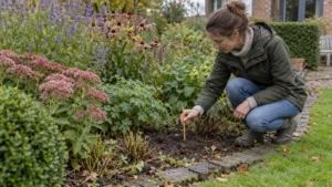 Tuinier markeert een blijvend open plantvak tussen gezonde borderplanten