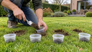 Tuinier neemt meerdere bodemstalen uit het gazon