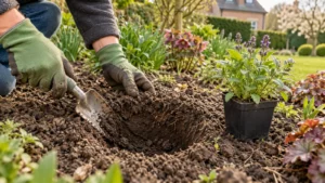 Handen met tuinhandschoenen maken de wand van een rond boorgat ruimer en ruw met een plantschep. 