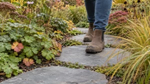 Stevige schoenen staan op een brede stapsteen tussen borderplanten