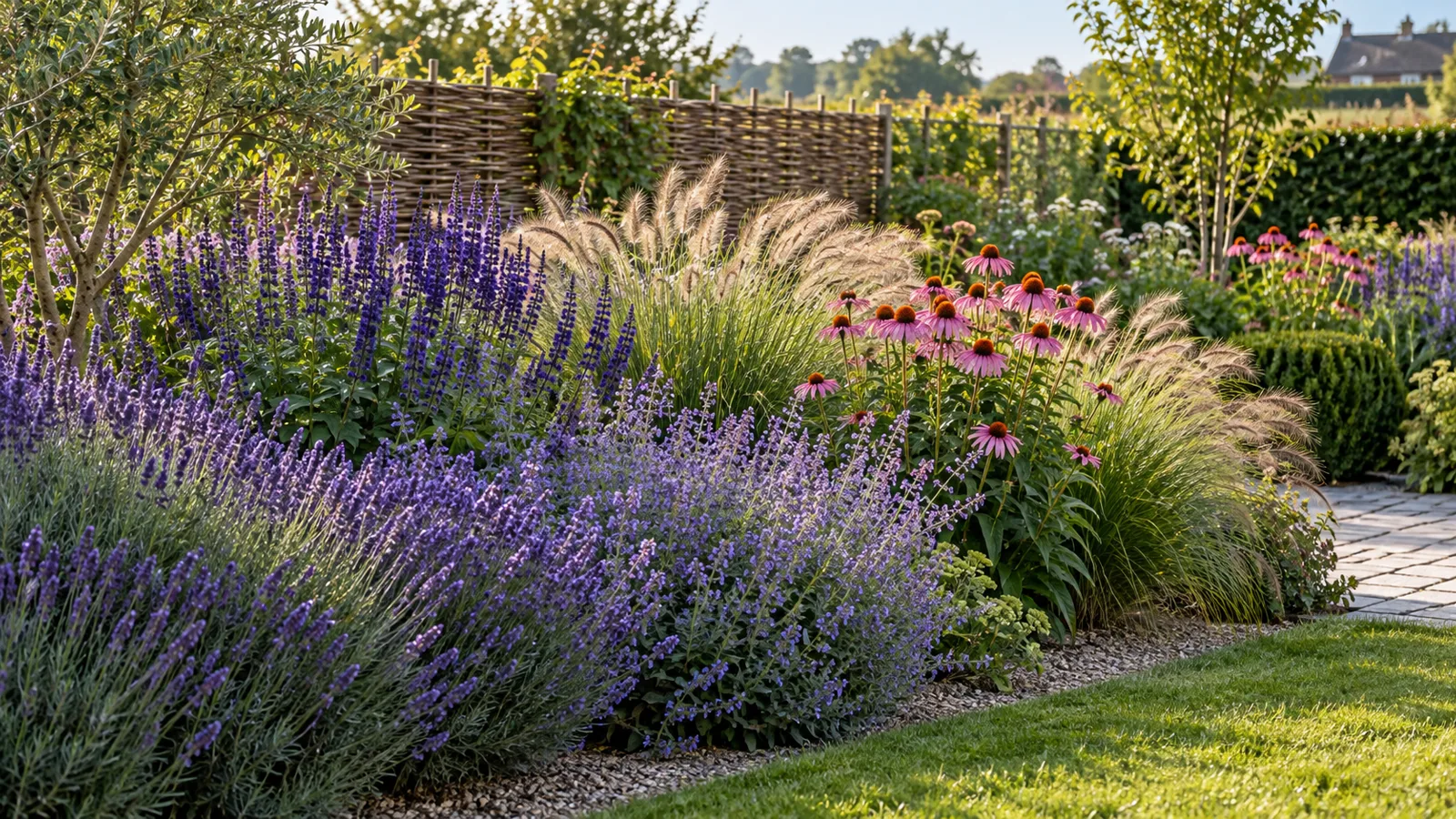 Volwassen zonnige border met lavendel en siergrassen achter een gevlochten windscherm