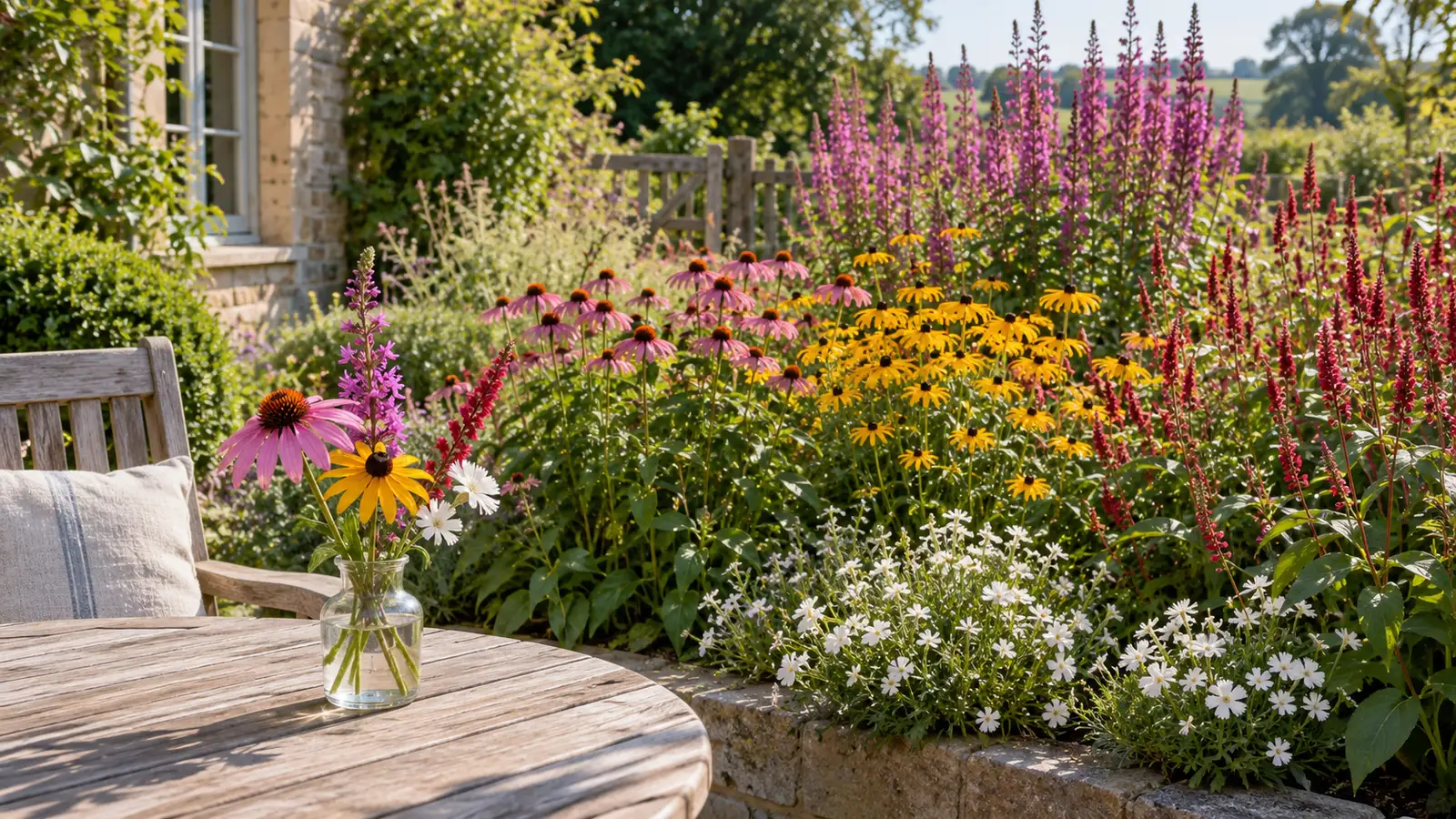 Volwassen bloemenborder bij een Belgisch terras met een klein tuinboeket