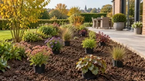 Breed losgemaakte bordergrond met vaste planten in pot klaar om uit te zetten