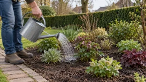 Tuinier geeft jonge borderplanten gericht water aan de bodem
