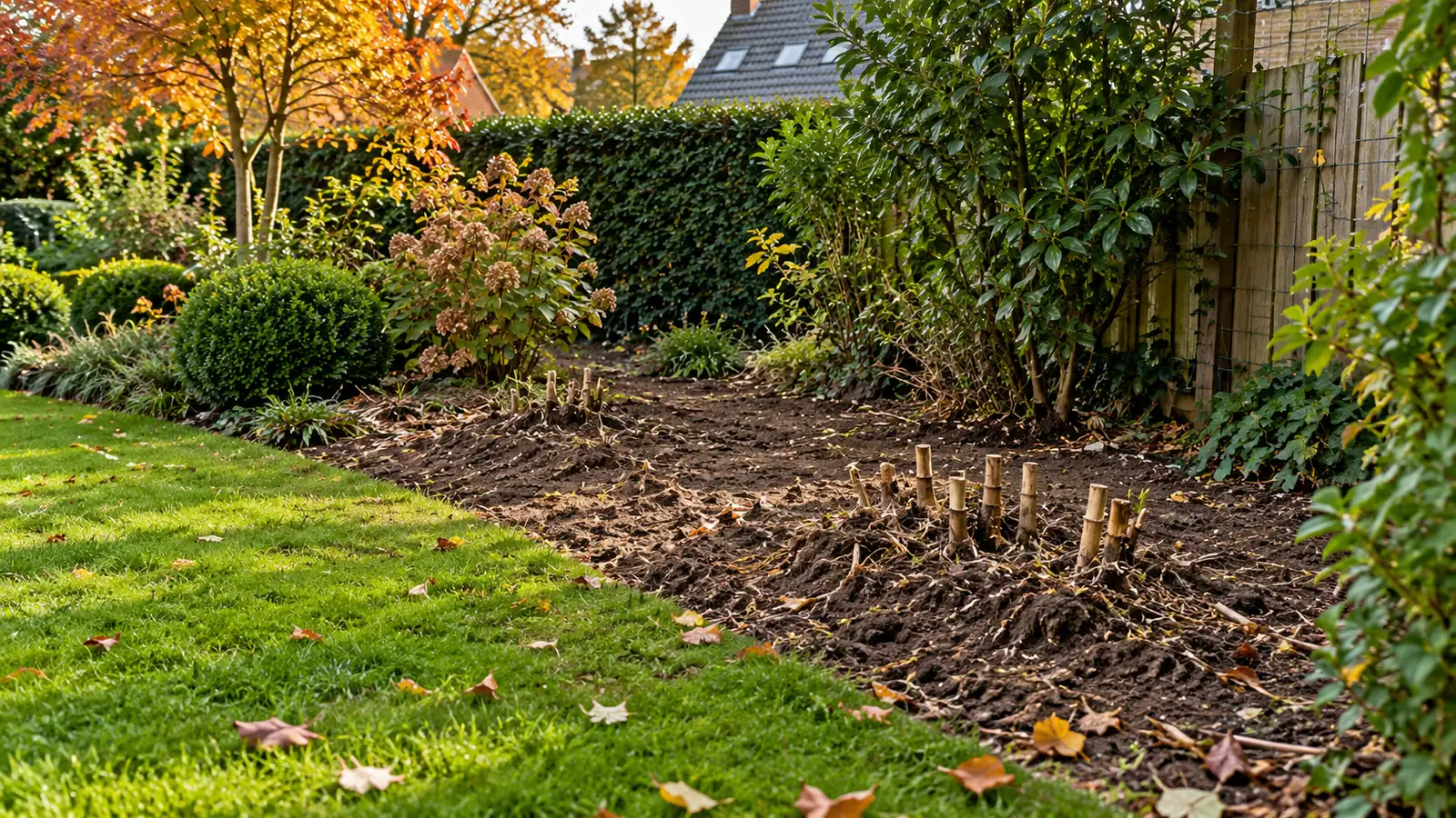 Leeg plantvak na verwijderde bamboe in een volwassen Belgische tuin