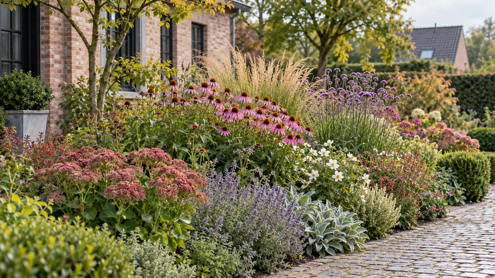 : Volwassen kleurrijke vasteplantenborder in een Belgische tuin met natuurlijke hoogteopbouw