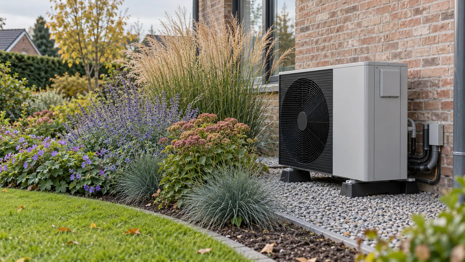 Volwassen zonnige border naast een vrijstaande warmtepomp met vrije ventilatorzijde