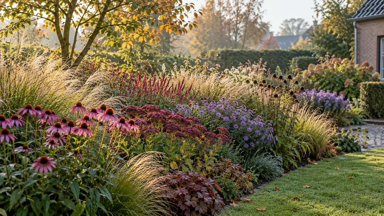 Volgroeide gemengde vasteplantenborder in een Belgische tuin