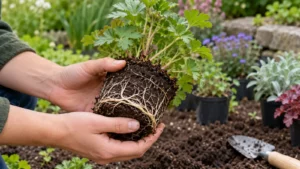 Gezonde vaste plant met fijne witte wortels en voldoende potgrond in de kluit