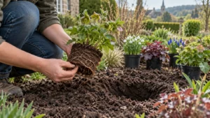 Tuinier maakt enkele cirkelende wortels onderaan een vaste plantenkluit voorzichtig los