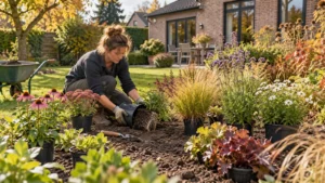 Tuinier legt vaste planten in pot uit en bekijkt een wortelkluit voor het planten